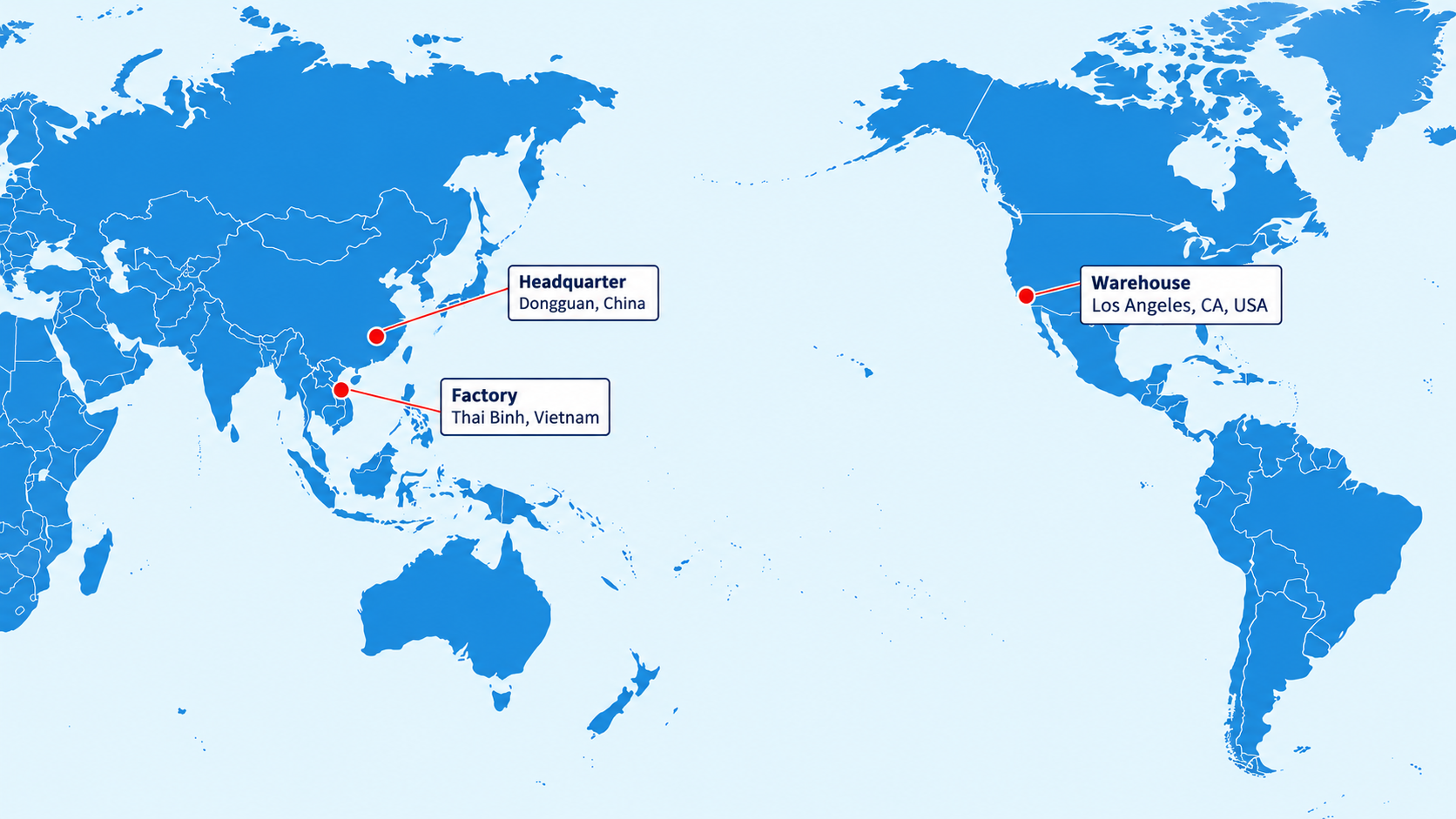C&T headquarter in Dongguan, factory in Thai Binh and warehouse in Los Angeles